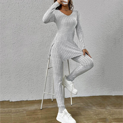 Spring Fashion Knit Suits 2024 Casual Loose Pullover+Elastic Long Pants Print Knitted Solid Color Two Pieces Sets Clothing