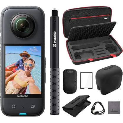 360 Action Camera with 1/2/'' 48MP Sensors, 5.7K 360 Active HDR Video, Bundle with Invisible Selfie Stick, Lens Cap