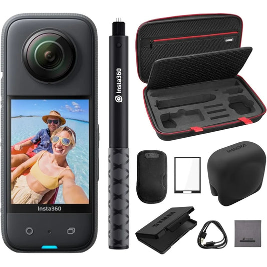 360 Action Camera with 1/2/'' 48MP Sensors, 5.7K 360 Active HDR Video, Bundle with Invisible Selfie Stick, Lens Cap