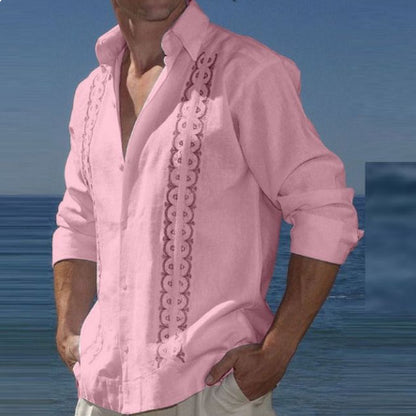 Fashion Print Long Sleeve Shirt Men Casual Loose Button Lapel Tops Seaside Cool Beach Shirt