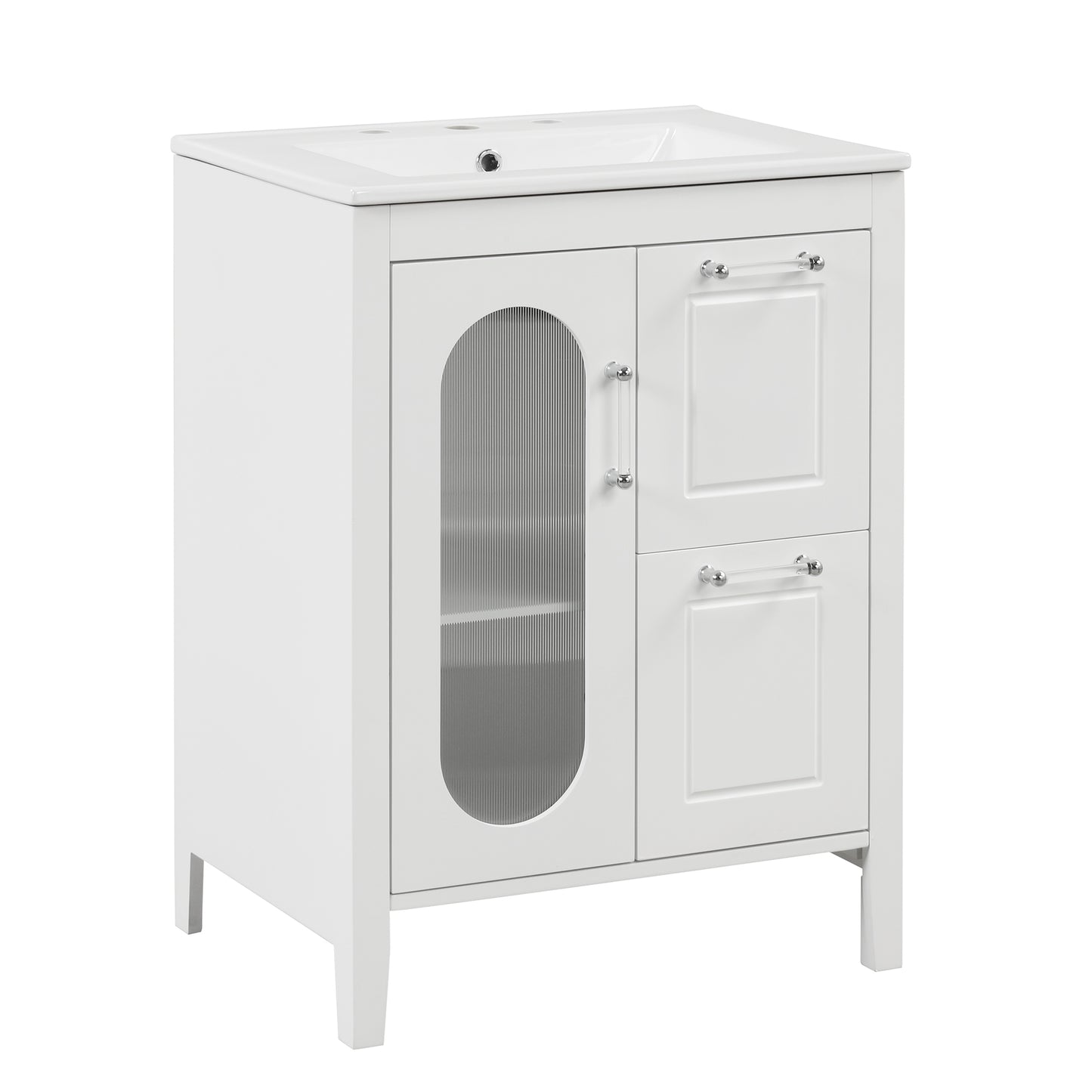 24" Bathroom Vanity with Sink, Bathroom Vanity Cabinet with Two Drawers and Door, Adjustable Shelf, Solid Wood and MDF, White