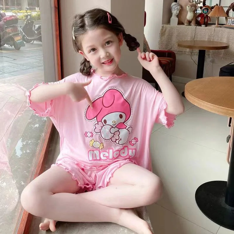 Anime Sanrio Cinnamoroll Kuromi Child Pajama Summer Thin My Melody Cartoon Girl Short Sleeves Shorts Comfortable Loungewear Set