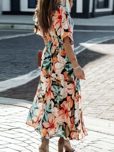 Floral Print V-neck High Slit Half Sleeve Shirred Maxi Dress HEDRPPCRC9