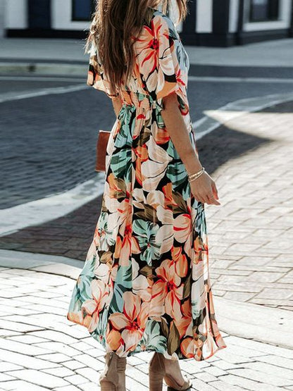 Floral Print V-neck High Slit Half Sleeve Shirred Maxi Dress HEDRPPCRC9