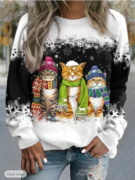 Cross-border Women's Christmas New Snowman And Cat Printed Long Sleeve Casual Loose-fitting T-shirt Christmas Supplies