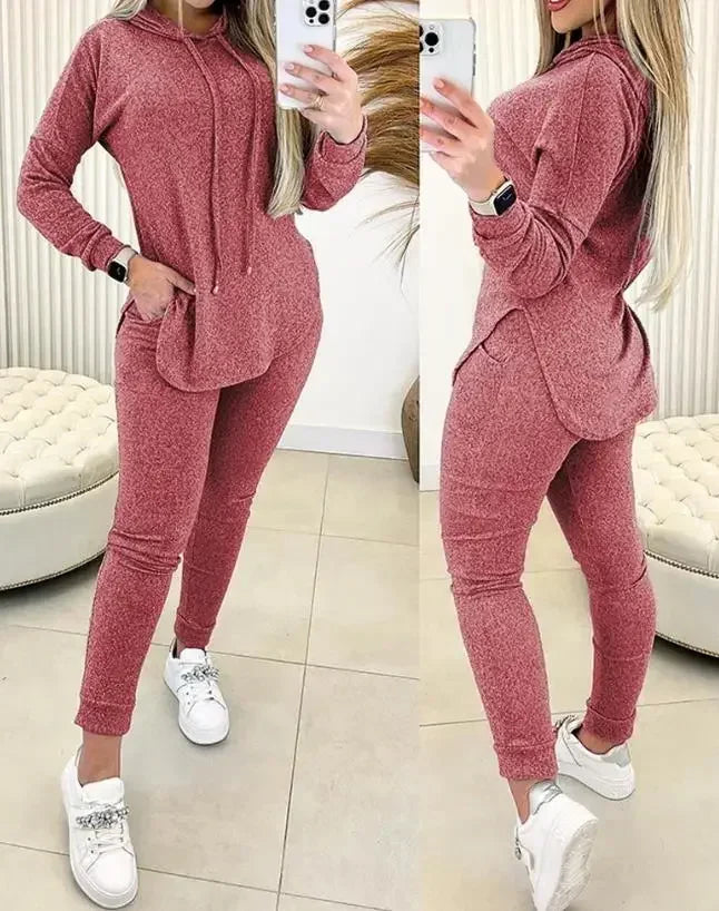 2 Piece Set Women Outfit 2024 Spring Fashion Hem Slit Long Sleeve Hooded Sweatshirt & Casual Pocket Design High Waist Pants Set