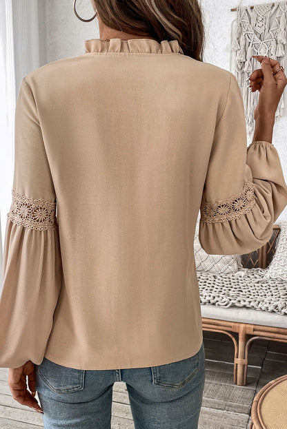 Pale Khaki Solid Color Casual Lace-Up V-Neck Pleated Shirt