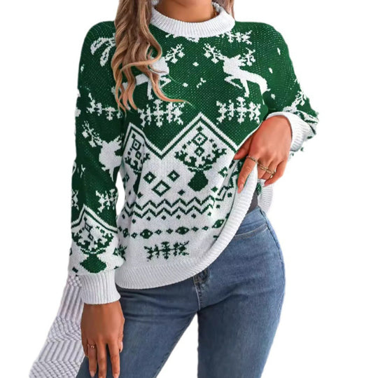 2025 New Year Autumn Winter Casual Deer Pattern Long Sleeve Hoodie Sweater Christmas For Women Red Green Knitted Pullover Jumper