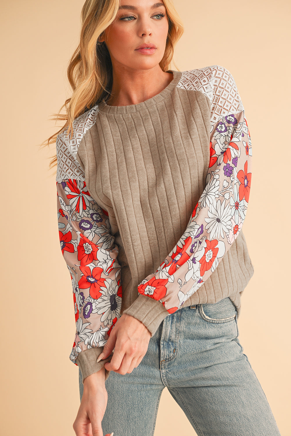 Black Floral Patchwork Raglan Sleeve Ribbed Top