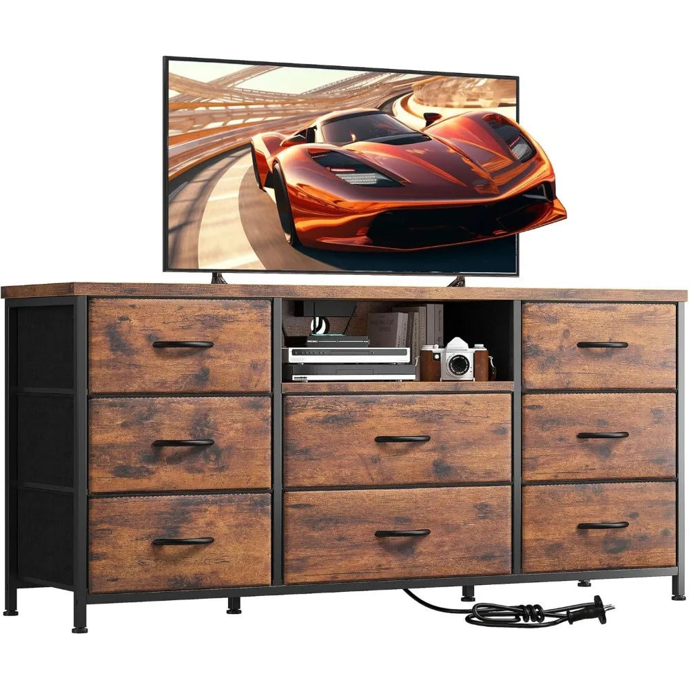 TV Stand, Power Outlet Entertainment Center with 8 Fabric Deep Drawers Media Console Table for TV Wide Storage Drawer Dresser