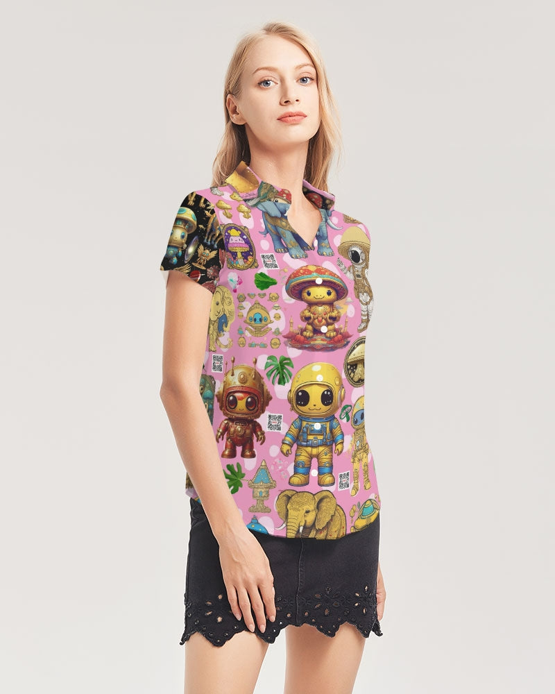 Alien Trendy Abstrak Collection Women's All-Over Print Short Sleeve Button Up