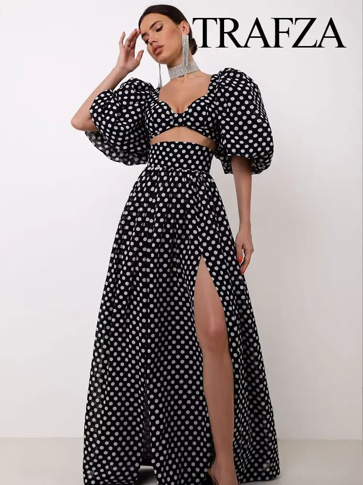 TRAFZA 2024 Female Spring Polka Dots Printed Suit Cropped Short Sleeves Square Neck Top Slit High Waist Chic Skirt Vintage Suit