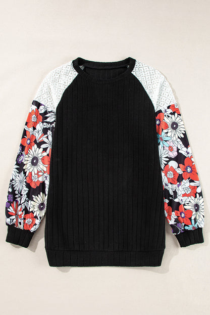 Black Floral Patchwork Raglan Sleeve Ribbed Top