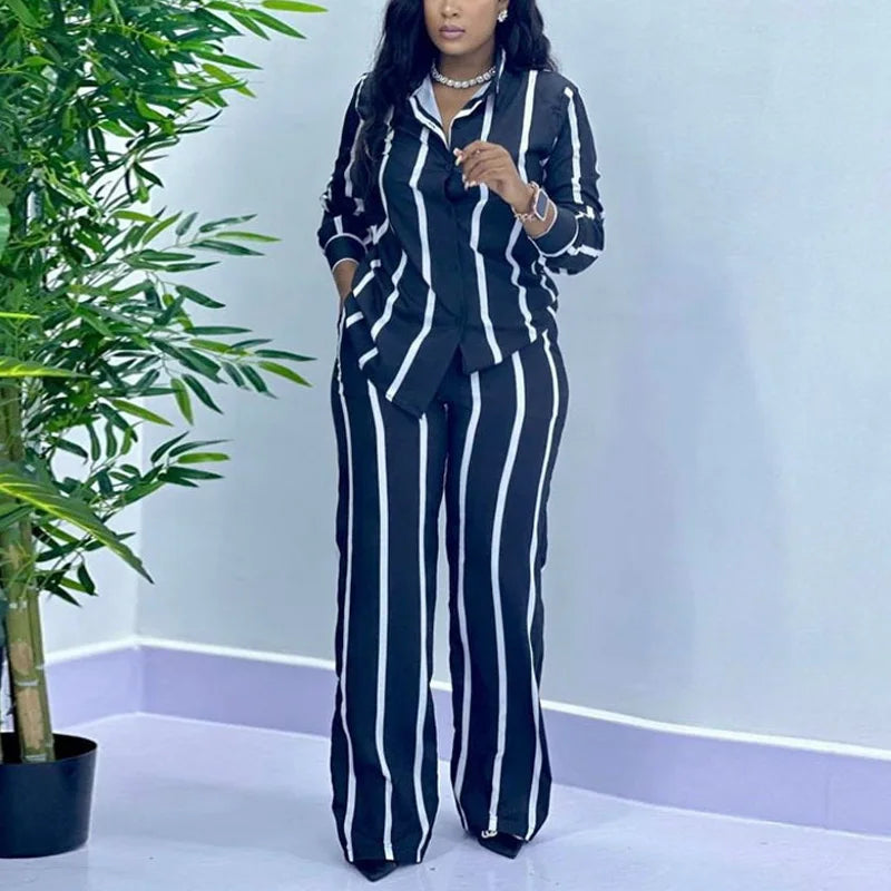 African Fashion Stripe Two Piece Set Women Spring Autumn Casual Button Long Sleeved Shirt Wide Leg Pants Two Piece Set Women