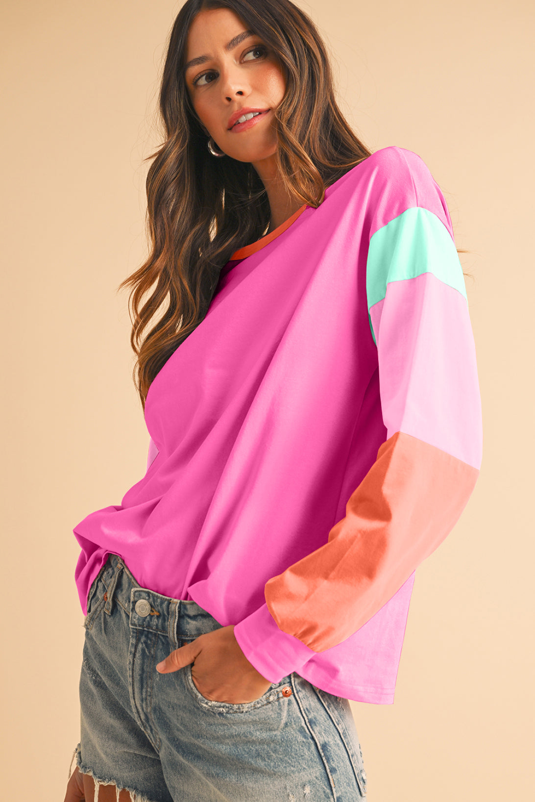 Light Blue Color Block Sleeve Loose Fit Top