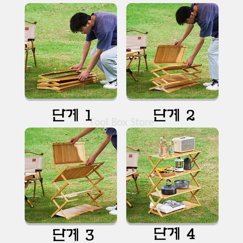 Outdoor Camping Rack Folding Wood Shelf Multifunctional Multi-layer Foldable Rack Portable Storage Picnic Table Shoe Rack