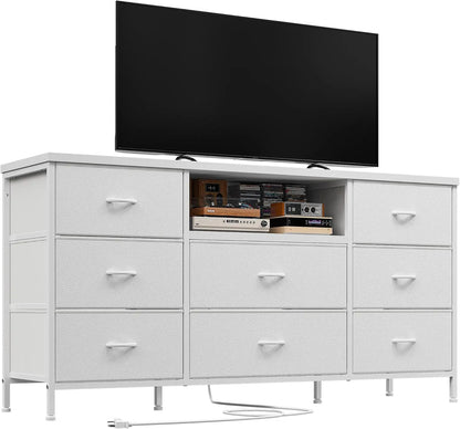 TV Stand, Power Outlet Entertainment Center with 8 Fabric Deep Drawers Media Console Table for TV Wide Storage Drawer Dresser