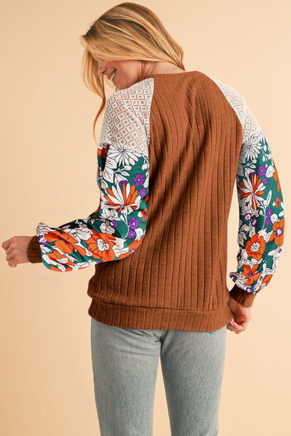 Black Floral Patchwork Raglan Sleeve Ribbed Top