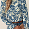 Sky Blue Floral Print Flounce Sleeve Keyhole Back Blouse