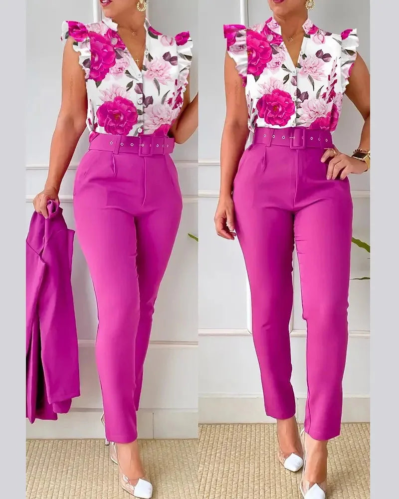 Womens Elegant Slim Two-Piece Sets Summer Fashion Print V Neck Button Flying Sleeve Shirt Top & Solid Long Pants Suits With Belt