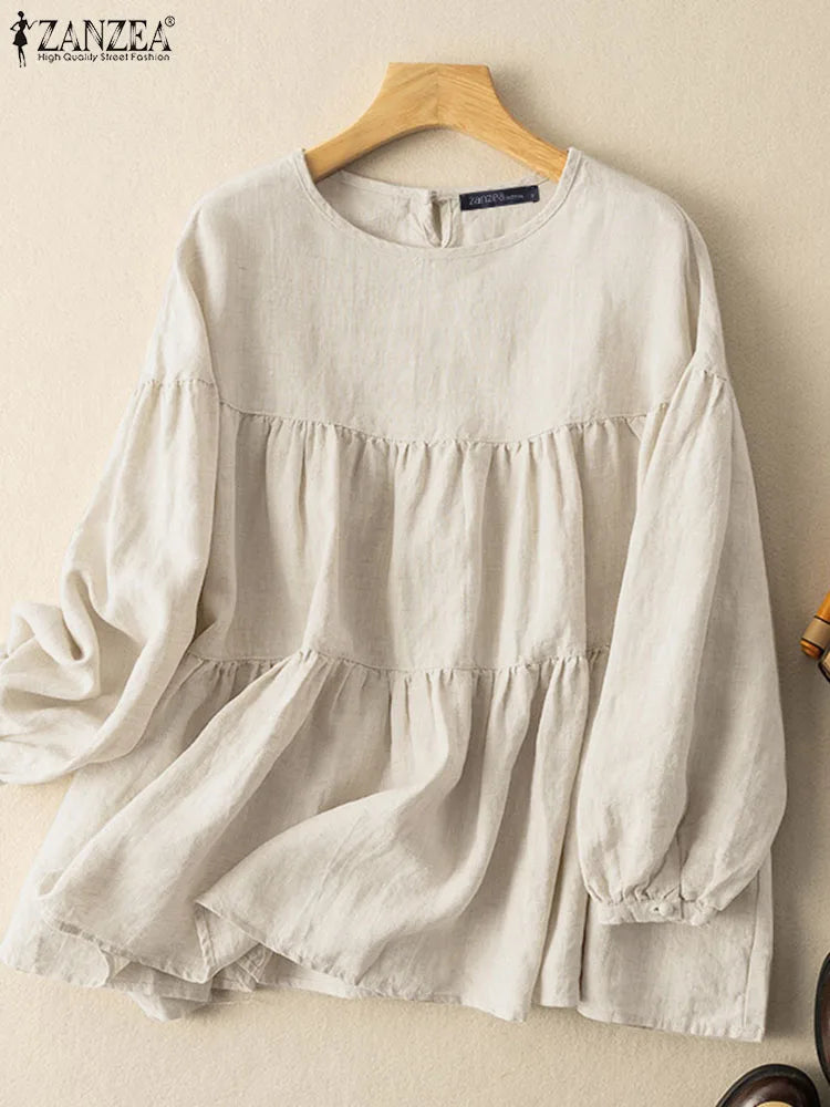 ZANZEA Autumn Vintage Cotton Blouse Woman Long Sleeve O-Neck Shirt Female Casual Solid Blusas Fashion Button Cuffs Chemise 2023