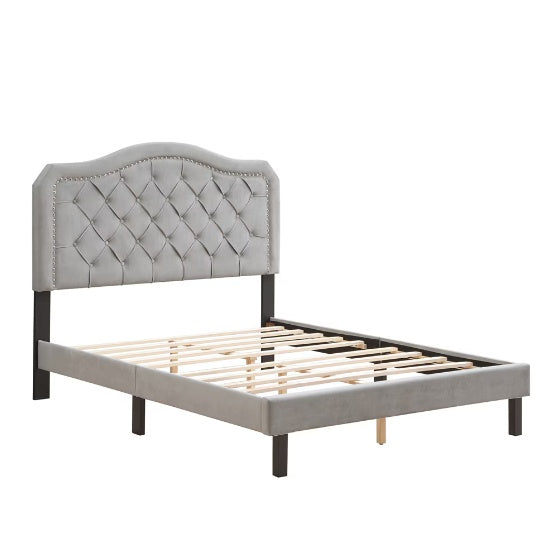 Easy To Assemble - Grey Velvet - Platform Bed - Queen