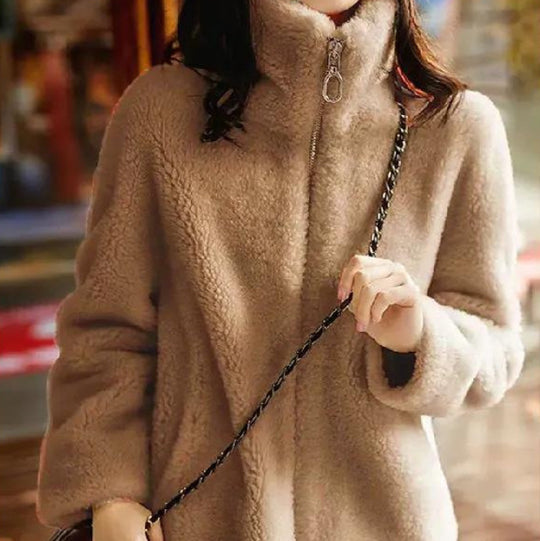 Winter Fleece Padded Coat Women's Zipper Cardigan Double-sided Velvet Thermal Turtleneck Sweater