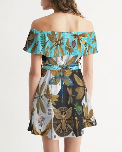 Abstrak dragonfly Women's All-Over Print Off-Shoulder Dress