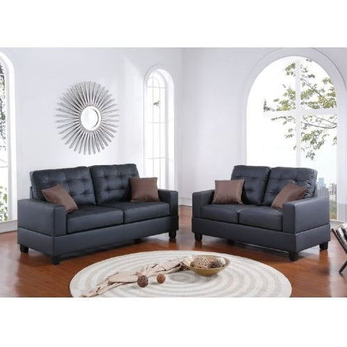 Living Room Furniture 2pc Sofa Set Black Faux Leather Tufted Sofa Loveseat W Pillows Cushion Couch