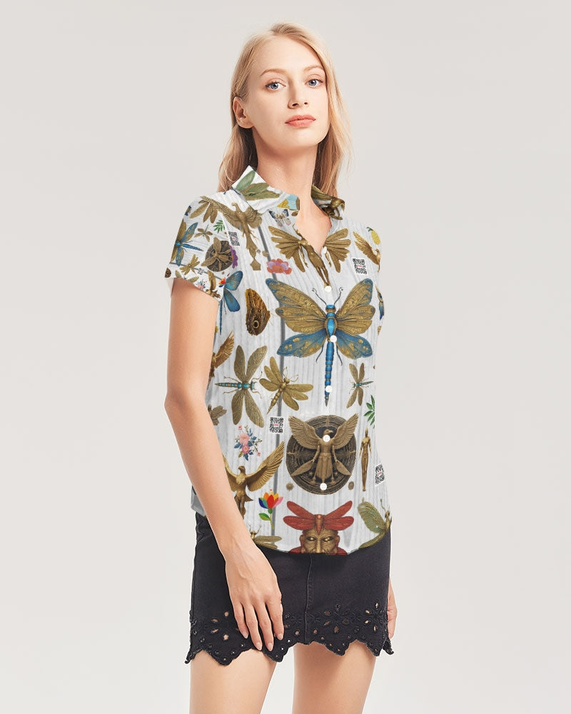 Abstrak dragonfly Women's All-Over Print Short Sleeve Button Up