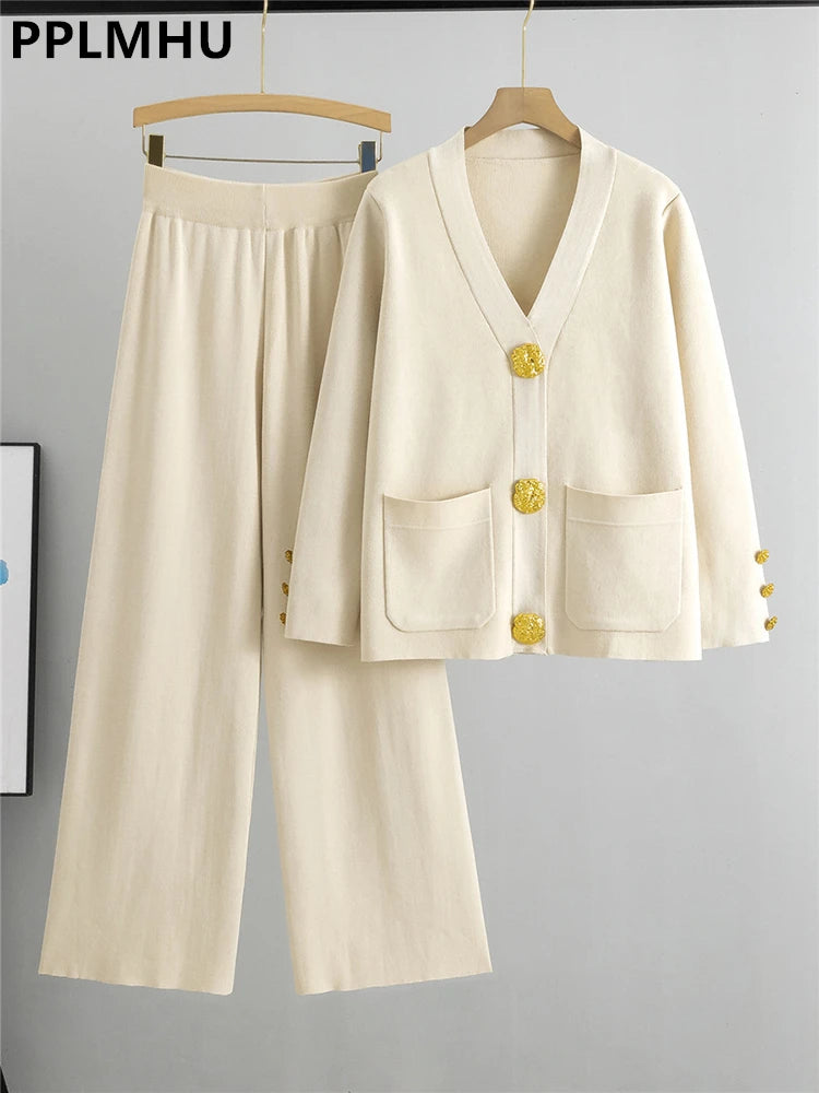 Fall Winter Women's Knit Sweater Sets New Large Gold Button V-neck Cardigan Coats Conjunto High Waist Baggy Wide Leg Pants Suits