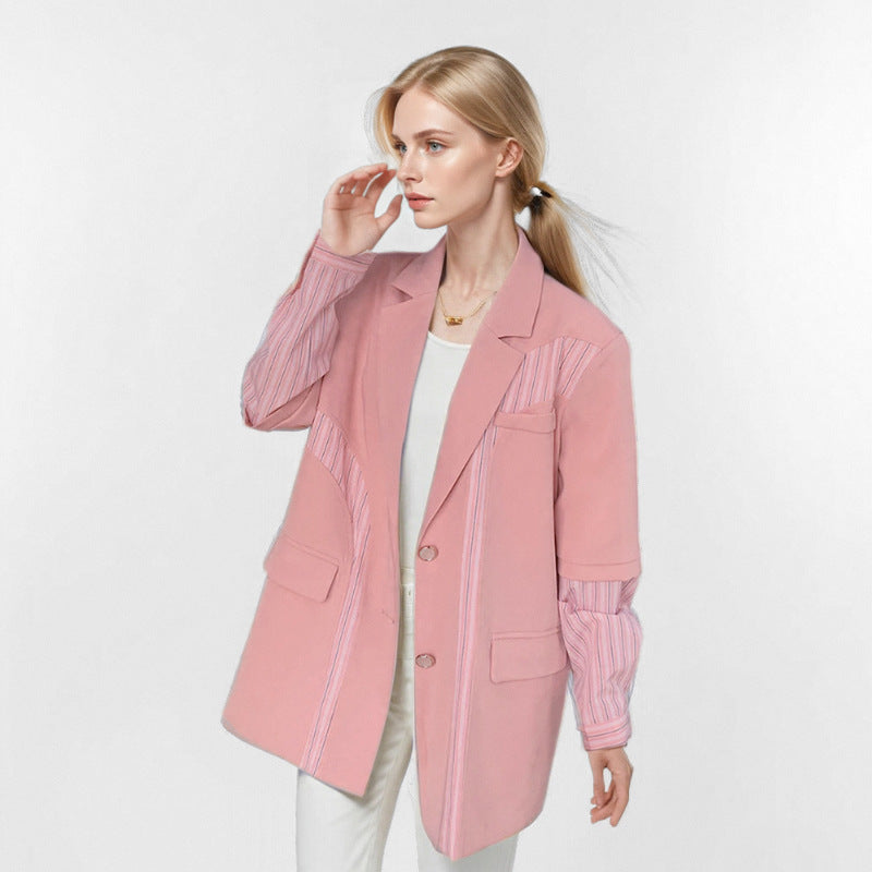 Striped patchwork fake two pink suit jacket for women loose silhouette single breasted suit jacket