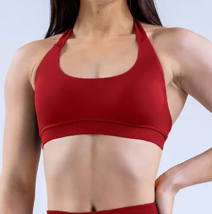 Dfyne Impact Sports Bra With Logo Women Seamless Halter Neck Strap Bra Padded Open Back Yoga Top Bra Medium Support Gym Crop Top