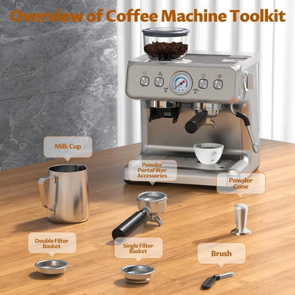 15 Bar, Coffee Maker for Cappuccino and Latte Maker with Milk Frother Steam Wand, Fast Heating Coffee Machine