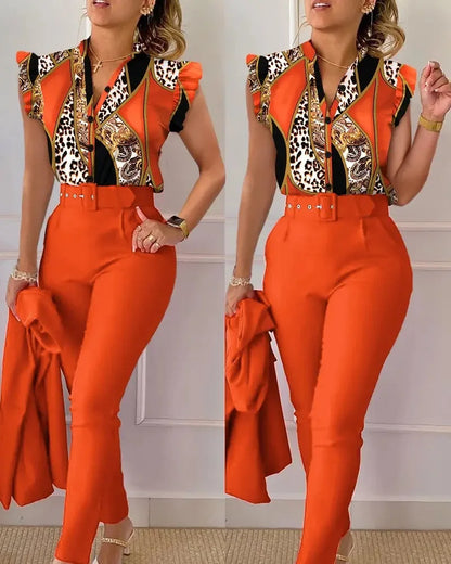 Womens Elegant Slim Two-Piece Sets Summer Fashion Print V Neck Button Flying Sleeve Shirt Top & Solid Long Pants Suits With Belt