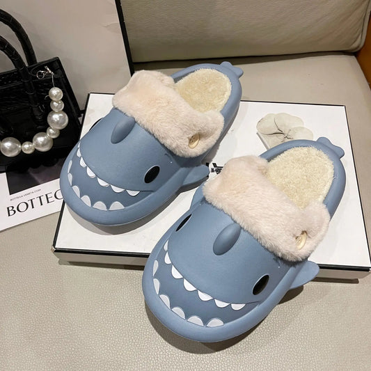 Shark Cotton Slippers Woman Waterproof Winter Indoor Non-slip Slides Plush Home Warm Couple Shark Flip Flops Sandals Flat Shoe