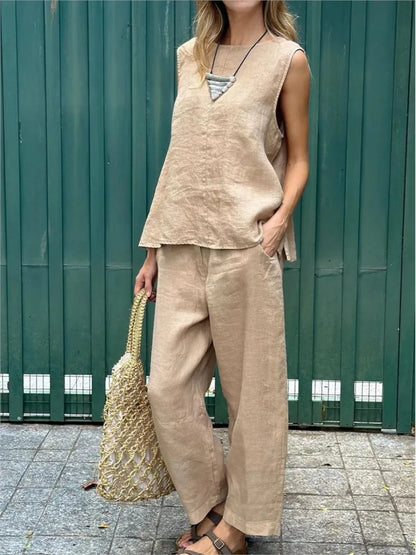 Spring Summer New Solid Color Sleeveless Cotton And Linen Women's Suit Simple Fashion Pocket Casual Long Pants Female 2piece Set