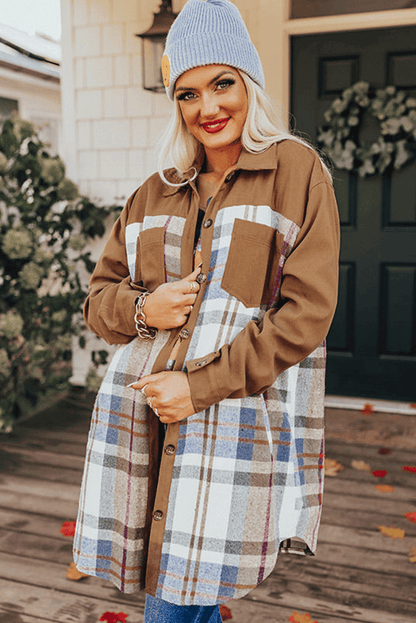 Khaki Plaid Patchwork Long Sleeve Jacket