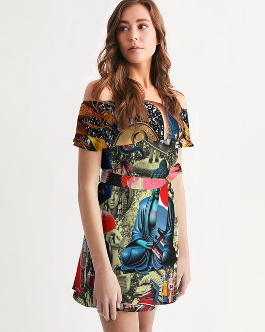 Trendy Abstrak Pattern Women's All-Over Print Off-Shoulder Dress