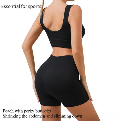 Fitness Running Seamless Ribbed Yoga Sets Workout Sets for Women 2 Pieces Gym Suits Ribbed Crop Tank High Waist Shorts Outfits