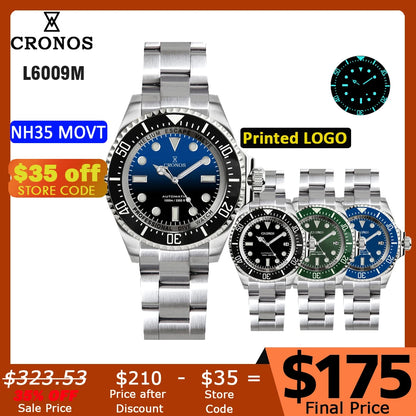 Cronos Automatic Diving Watch Stainless Steel 2000 Meters Water Resistance Professional Diver L6009M