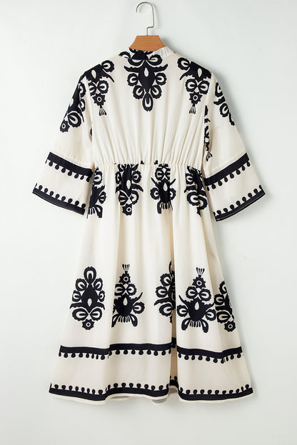 Black Ethnic Print 3/4 Sleeve Loose Midi Dress