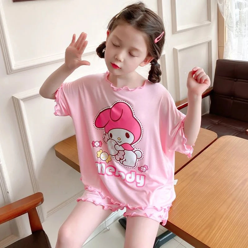 Anime Sanrio Cinnamoroll Kuromi Child Pajama Summer Thin My Melody Cartoon Girl Short Sleeves Shorts Comfortable Loungewear Set