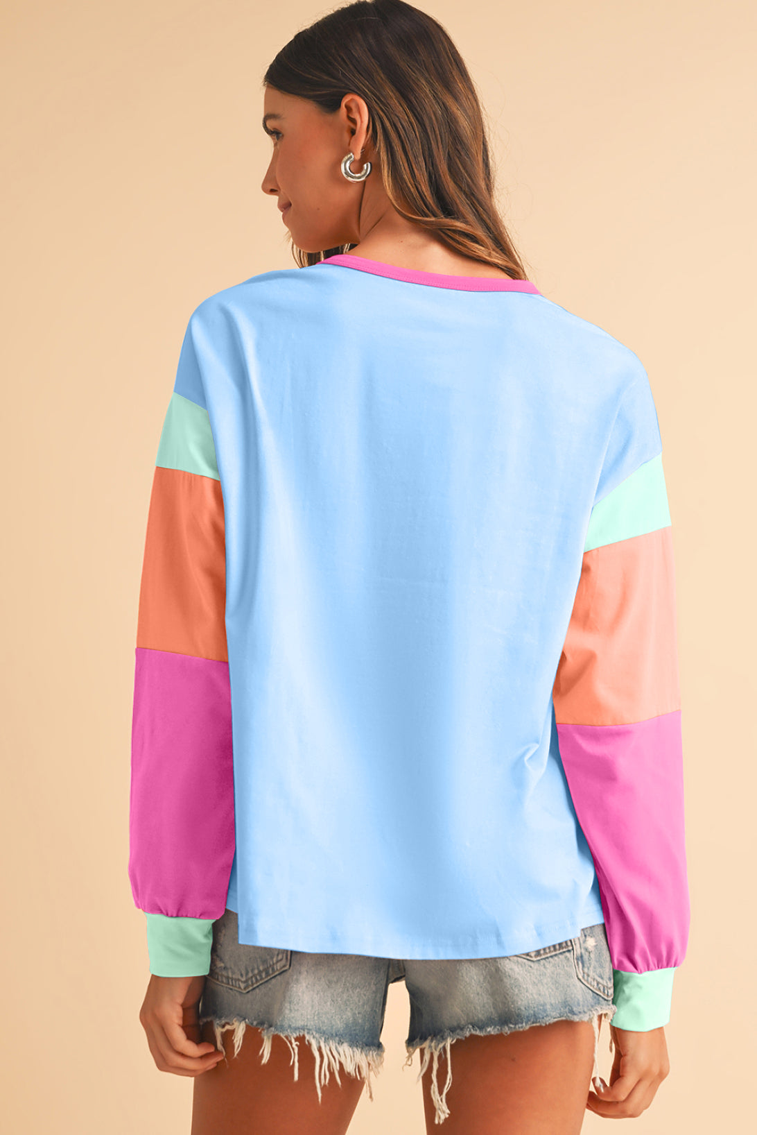 Light Blue Color Block Sleeve Loose Fit Top