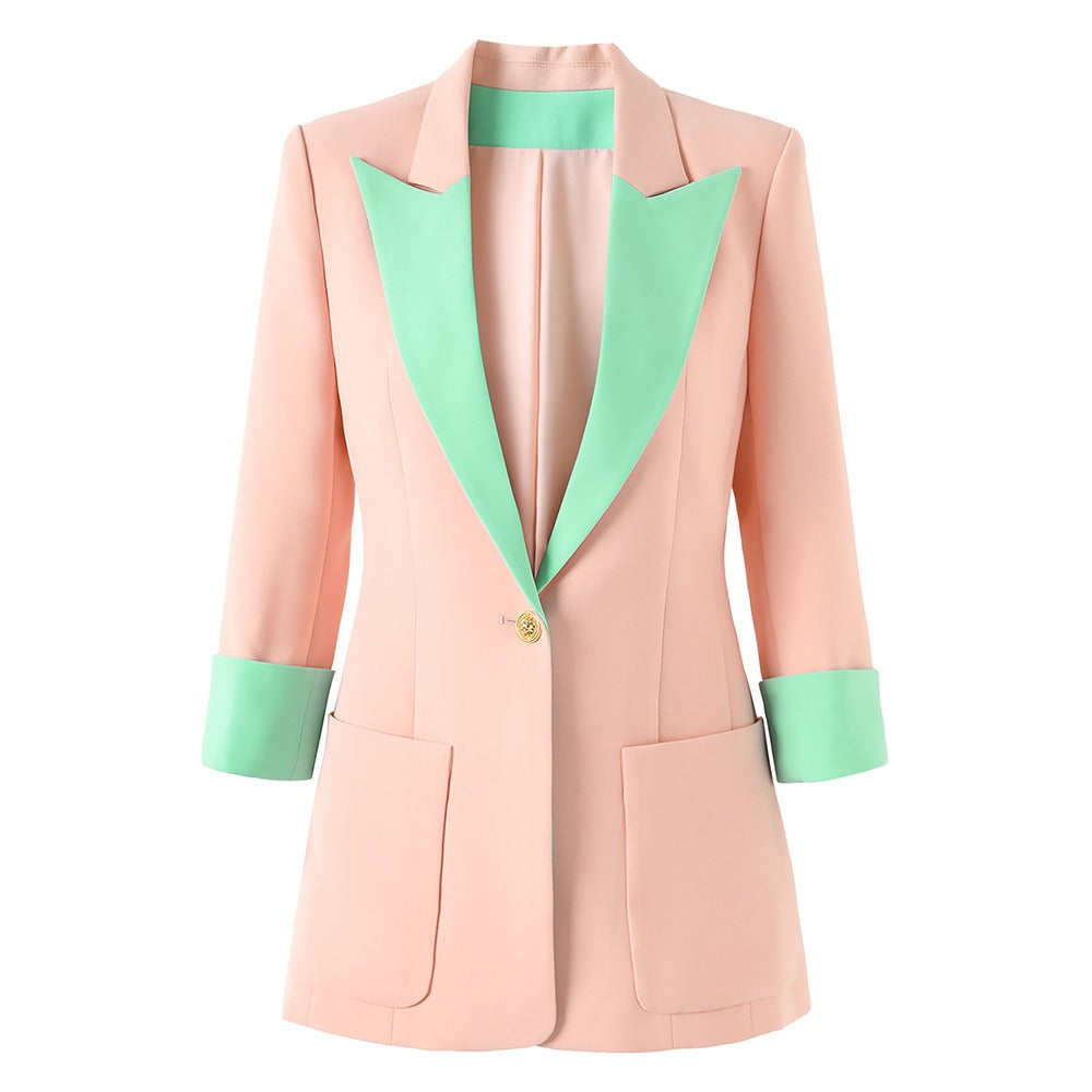 Splicing jacket for women, spring and summer, seven quarter sleeved suit jacket, pink single breasted jacket, commuting jacket