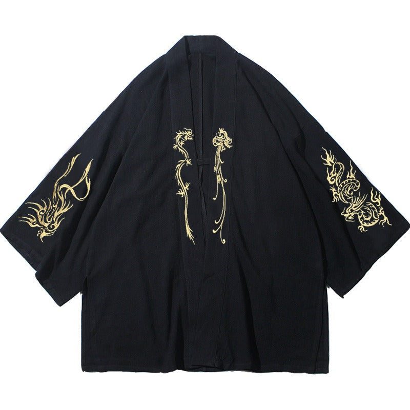 Chinese style Hanfu men's clothing Japanese cotton and linen embroidery cardigan men's kimono windbreaker top coat