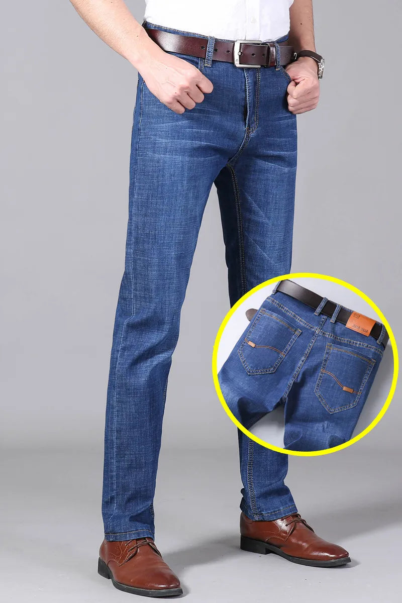 KUBRO Men's Jeans Summer Thin Pants Straight Blue Jean Baggy Casual Work Denim Pant High Elasticity Wide Leg Business Male