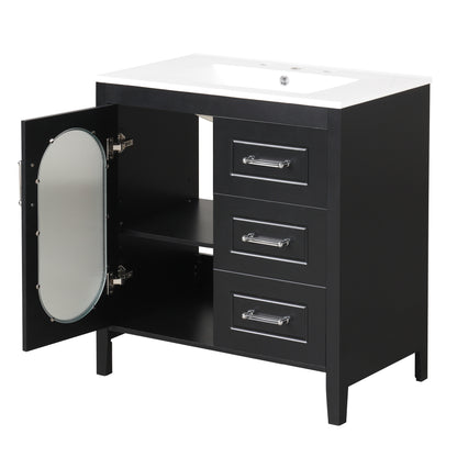 30" Bathroom Vanity with Sink, Bathroom Vanity Cabinet with Two Drawers and Door, Adjustable Shelf, Solid Wood and MDF, Black