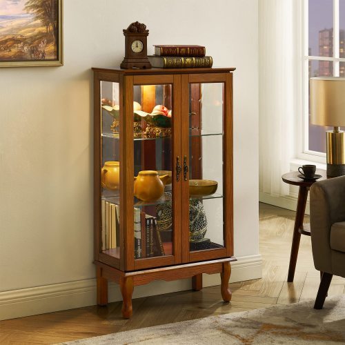 Curio Cabinet Lighted Curio Diapaly Cabinet With Adjustable Shelves And Mirrored Back Panel, Tempered Glass Doors