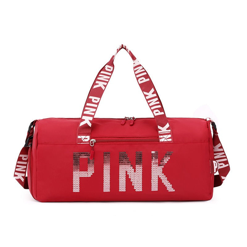 New fitness bag, shoe compartment, dry wet separation bag, sports travel bag, shiny pink letter single shoulder crossbody bag